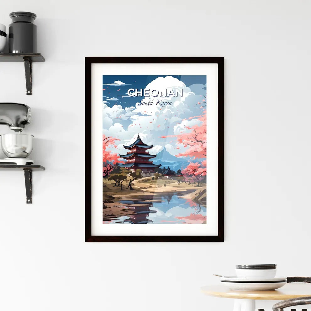 Cheonan South Korea Pink Trees Cityscape Traditional Painting Pagoda Skyline Oriental Art Default Title