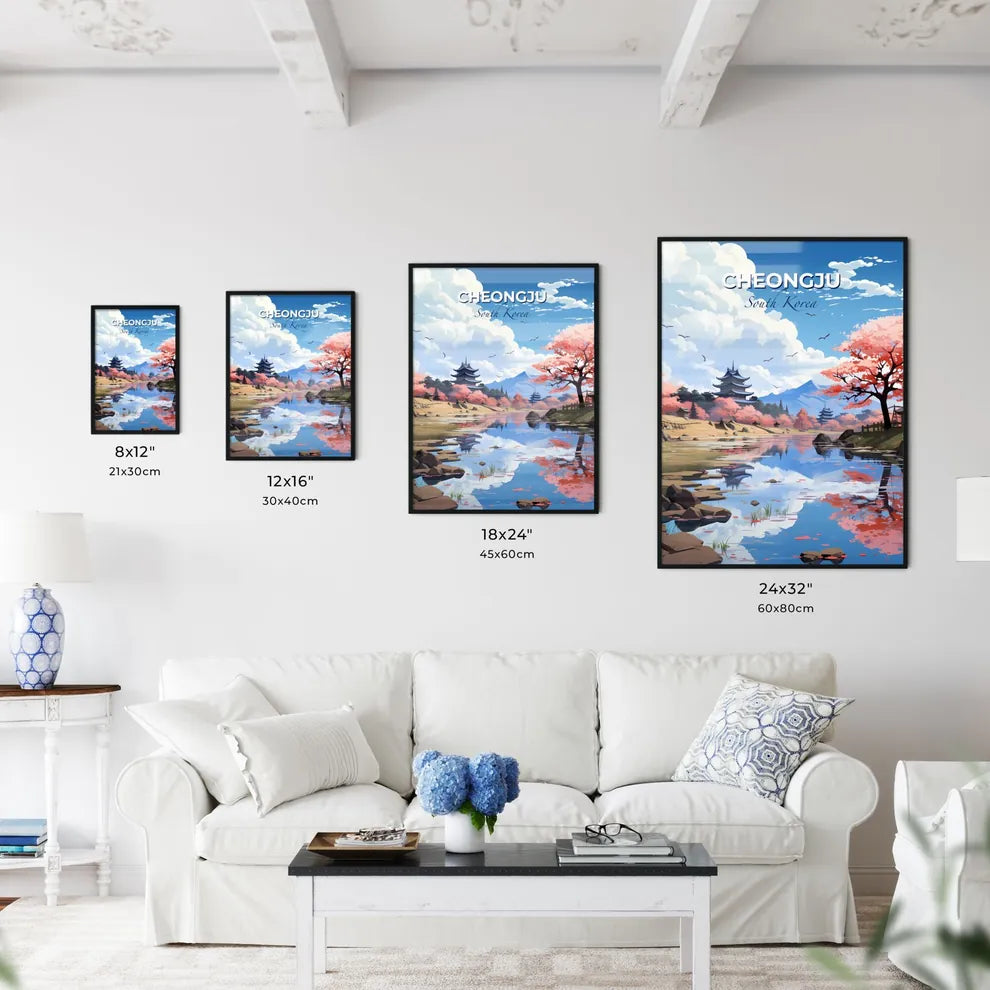 Vibrant Art Depiction of Cheongju South Korea Skyline with Lake, Building, and Nature Default Title