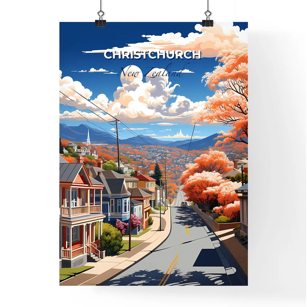 Vibrant Cityscape Painting of Christchurch Skyline with Houses Trees and Street Default Title