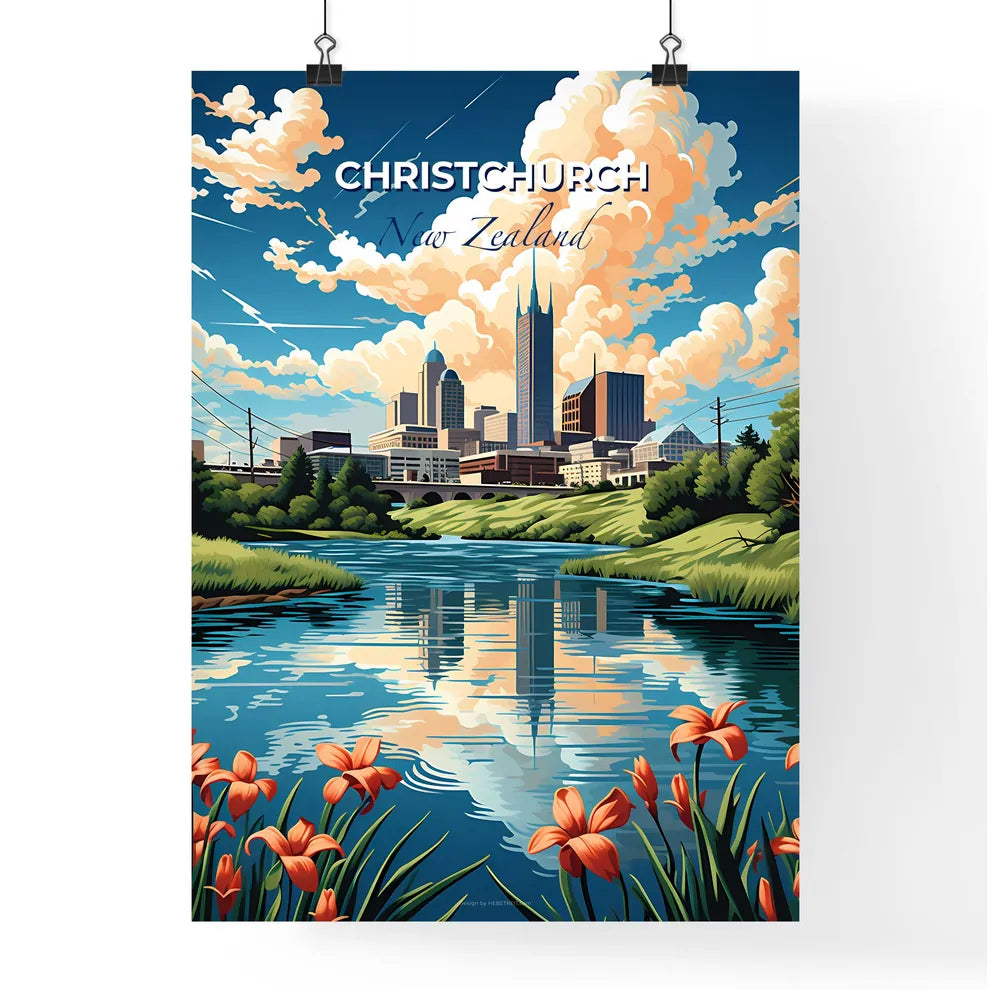 Vibrant Cityscape Painting: Christchurch Skyline with River and Flowers Default Title