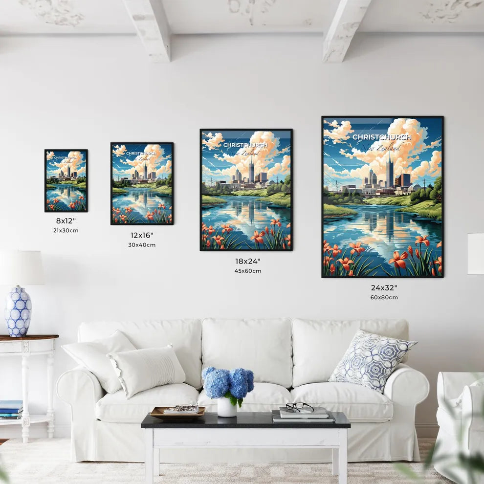 Vibrant Cityscape Painting: Christchurch Skyline with River and Flowers Default Title