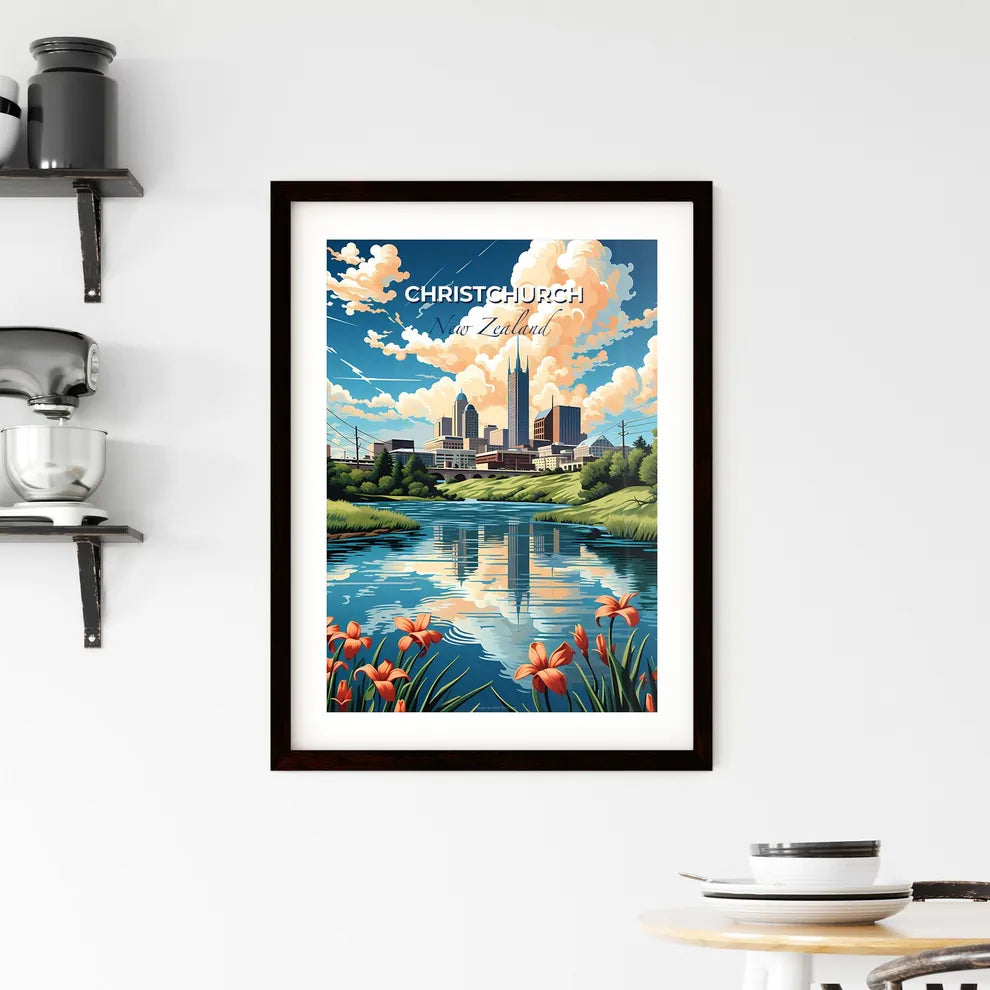 Vibrant Cityscape Painting: Christchurch Skyline with River and Flowers Default Title