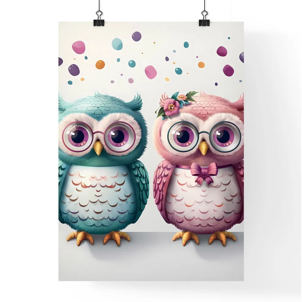 Cute Cartoon Baby Owls in Pastel Colors with Flowers & Bows Poster