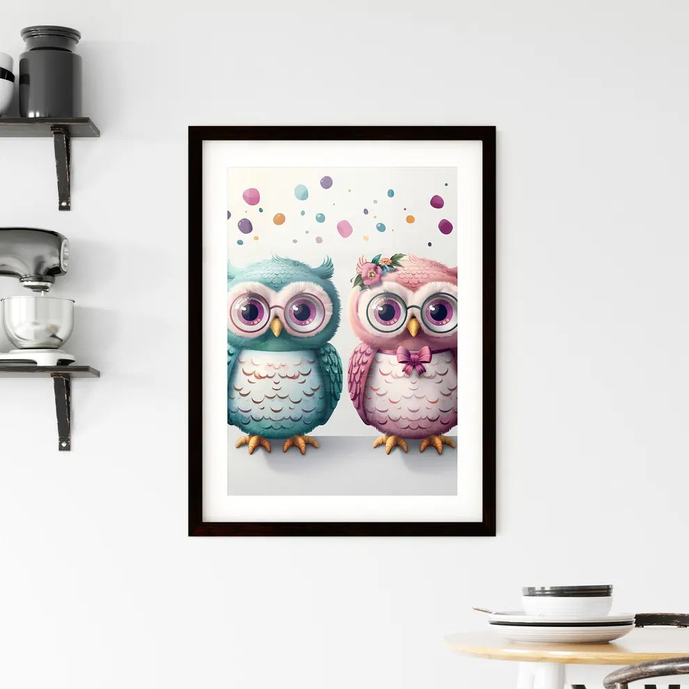 Cute Cartoon Baby Owls in Pastel Colors with Flowers & Bows Framed Print
