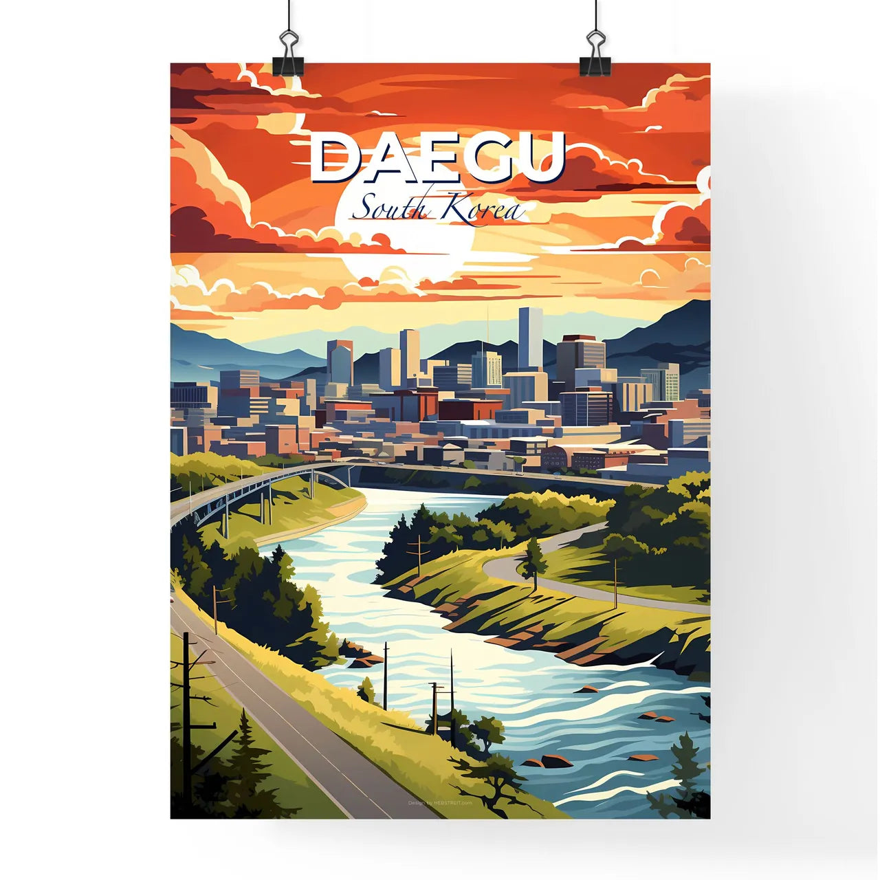 Visionary Interpretation of Daegu Cityscape with Vibrant River and Artist's Perspective Default Title