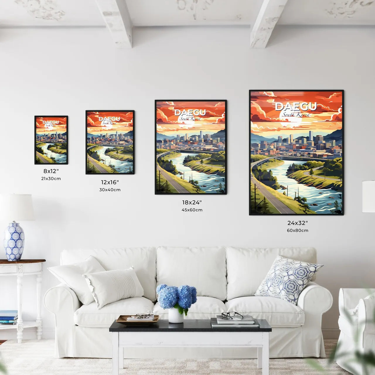 Visionary Interpretation of Daegu Cityscape with Vibrant River and Artist's Perspective Default Title