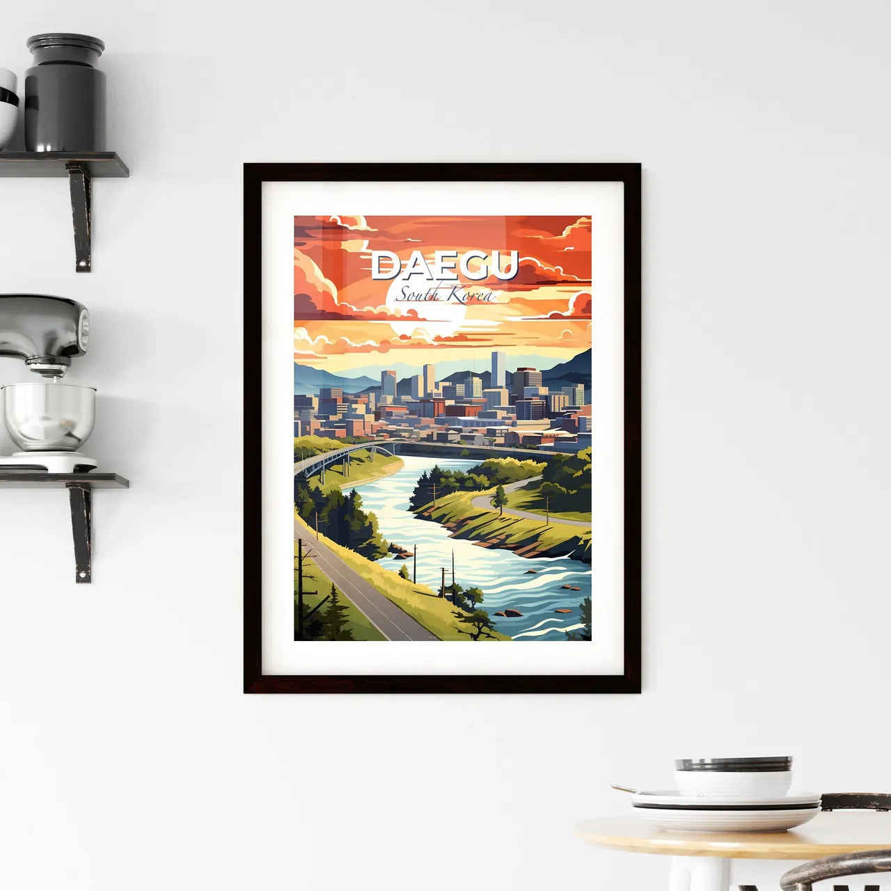 Visionary Interpretation of Daegu Cityscape with Vibrant River and Artist's Perspective Default Title