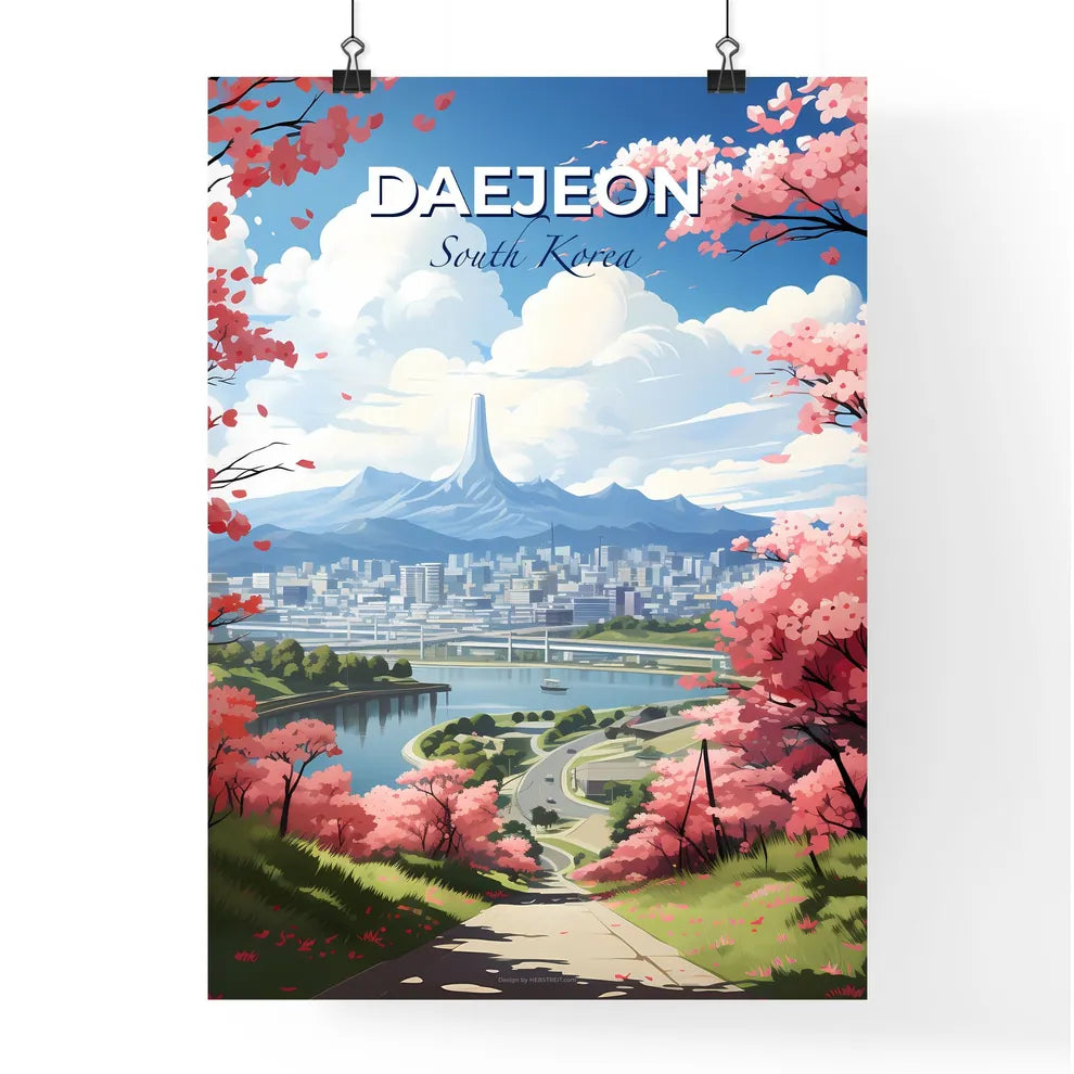 Vibrant Cityscape Painting: Daejeon Skyline, South Korea, River, Pink Trees, Artistic Landscape Default Title