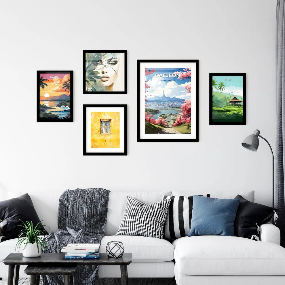 Vibrant Cityscape Painting: Daejeon Skyline, South Korea, River, Pink Trees, Artistic Landscape Default Title