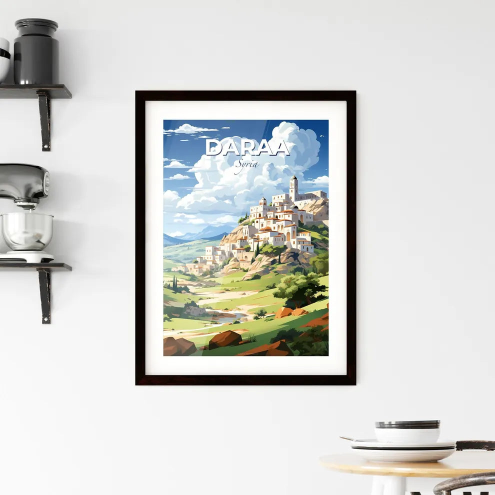 Vibrant Art Painting of a Skyline Landscape in Daraa, Syria with a Hilltop Town Focus Default Title