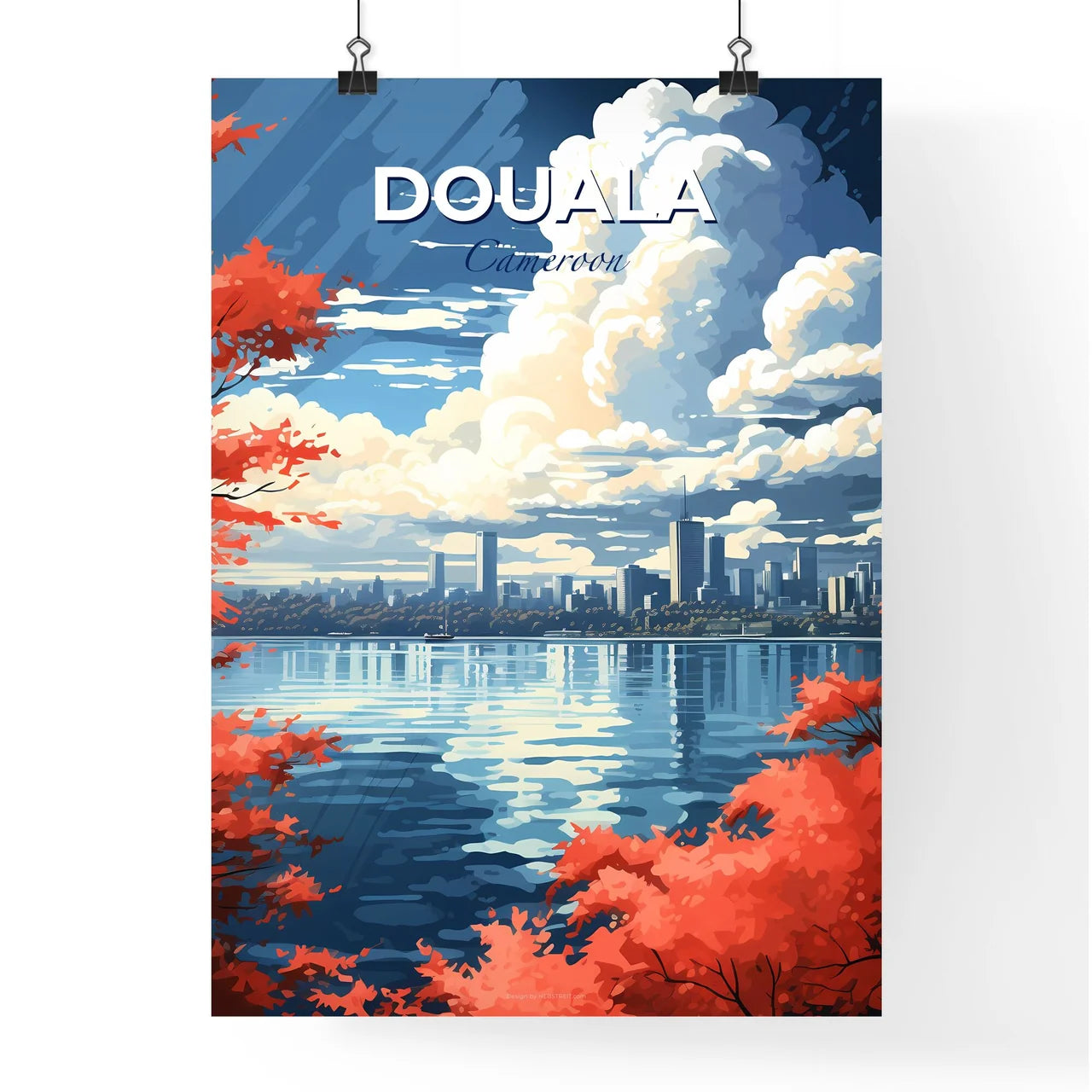 Douala Cameroon City Skyline Red Leaves Water Art Painting Vibrant Artwork Architecture Travel Tourism Default Title