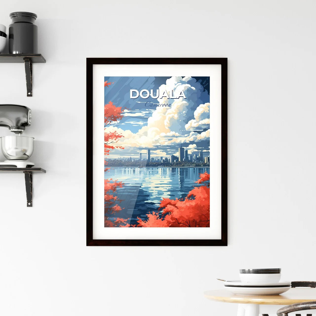 Douala Cameroon City Skyline Red Leaves Water Art Painting Vibrant Artwork Architecture Travel Tourism Default Title