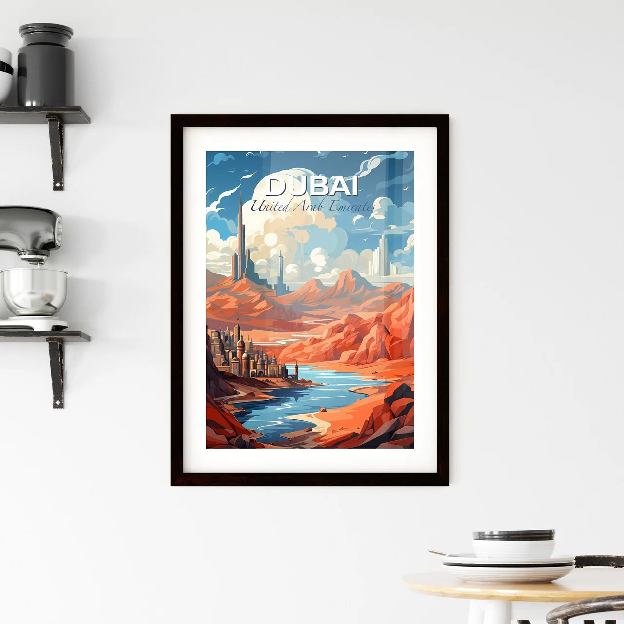 Dubai City Skyline Painting with River Valley and Vibrant Hues Default Title