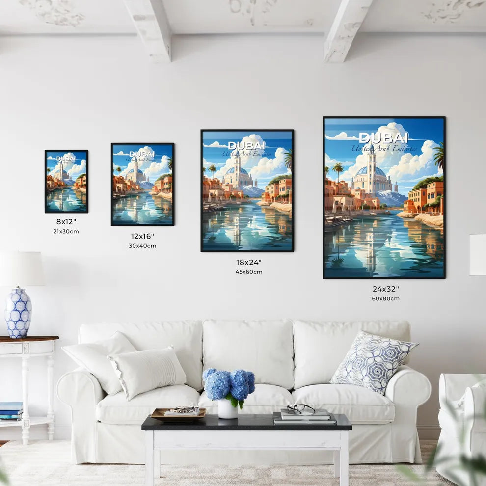 Panoramic Cityscape Painting: Dubai Skyline with Waterway, Grand Canal, and Palm Trees Default Title