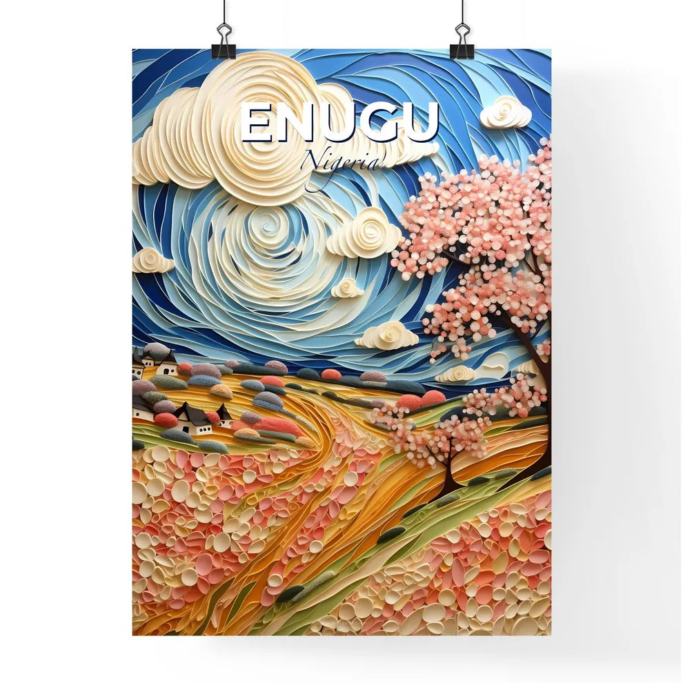 Vibrant Painted Enugu Nigeria Skyline Depicting Serene Landscape with Trees and House Default Title