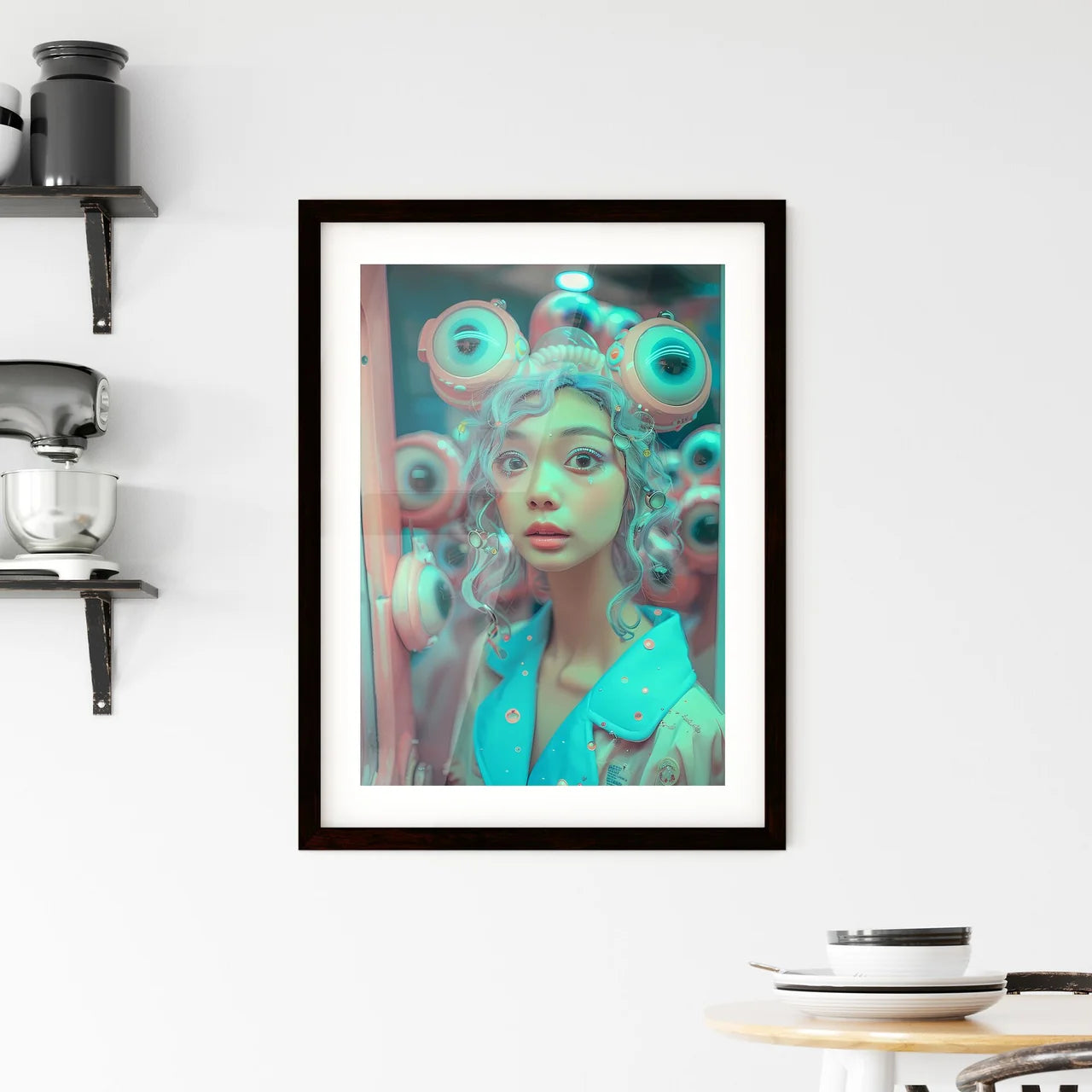 Pastel-Toned Retrofuturistic Woman Enters Charcoal Skyscraper Amidst Curious Creatures Framed Print