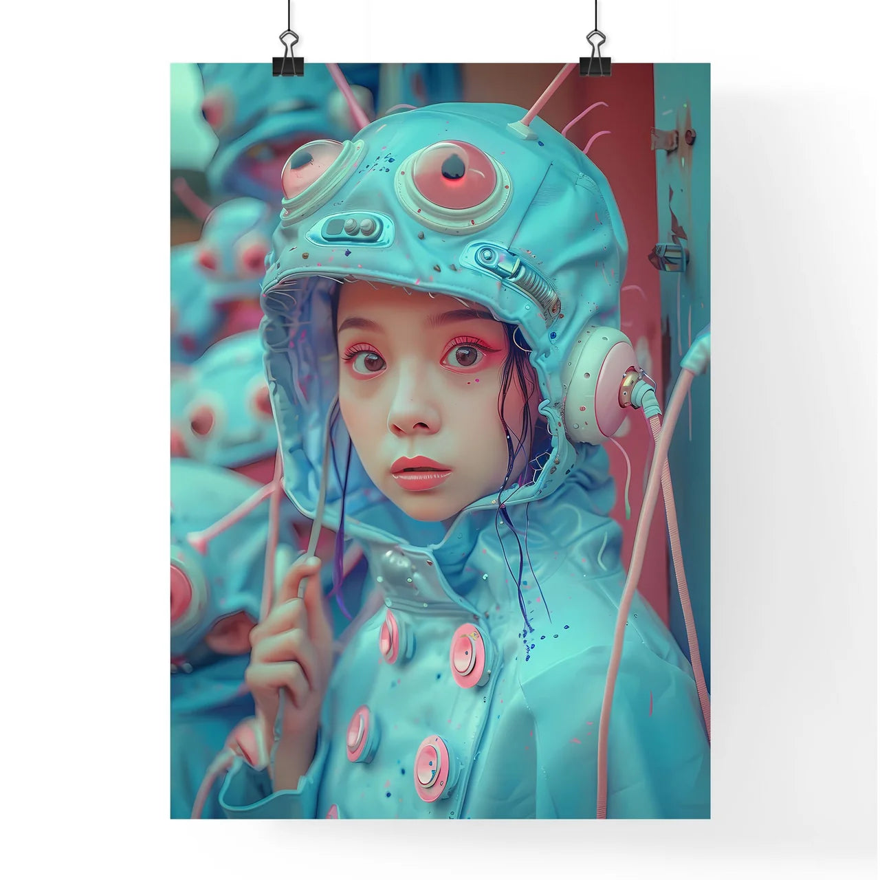Pastel-toned retrofuturistic girl enters huge door in futuristic skyscraper Poster