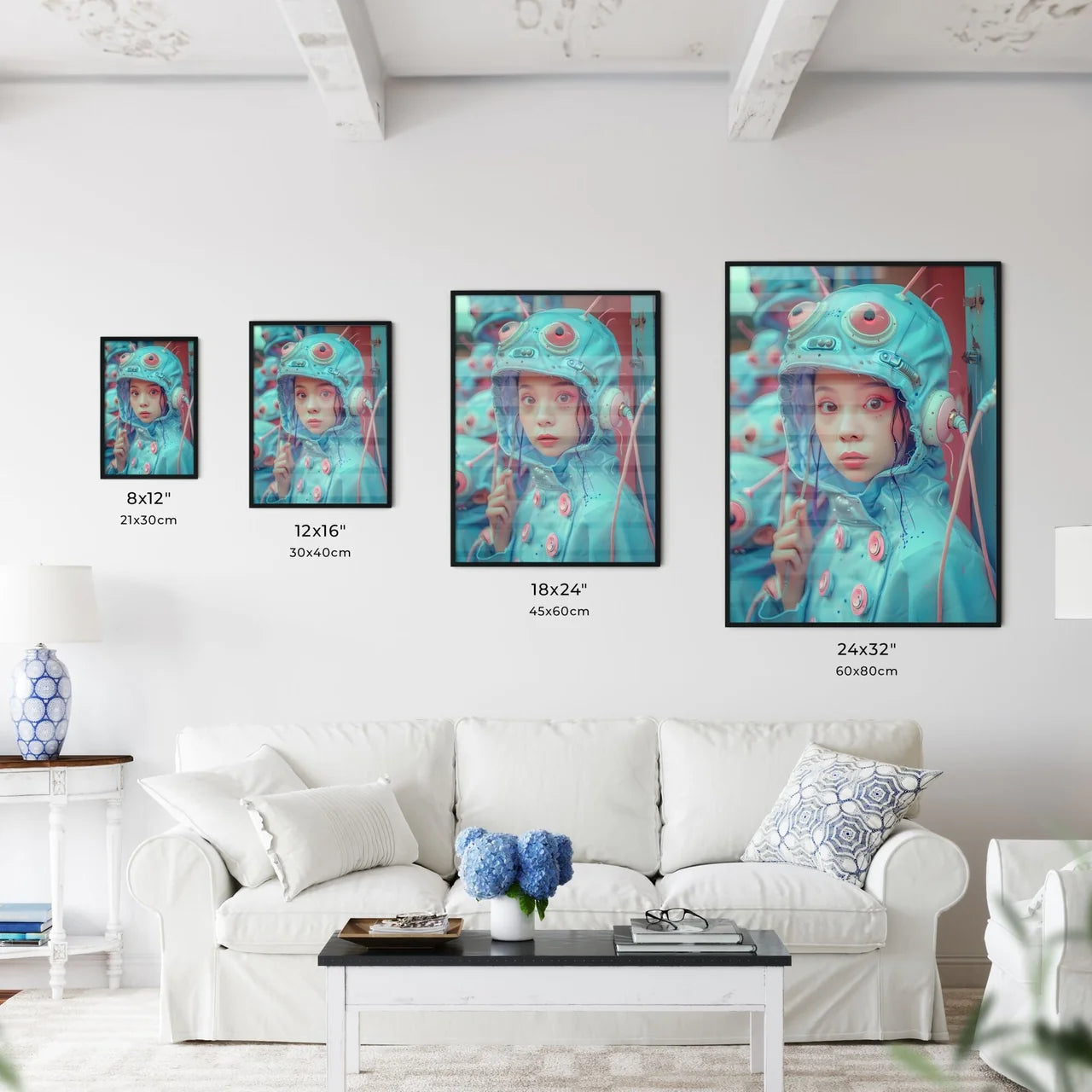 Pastel-toned retrofuturistic girl enters huge door in futuristic skyscraper Size Chart