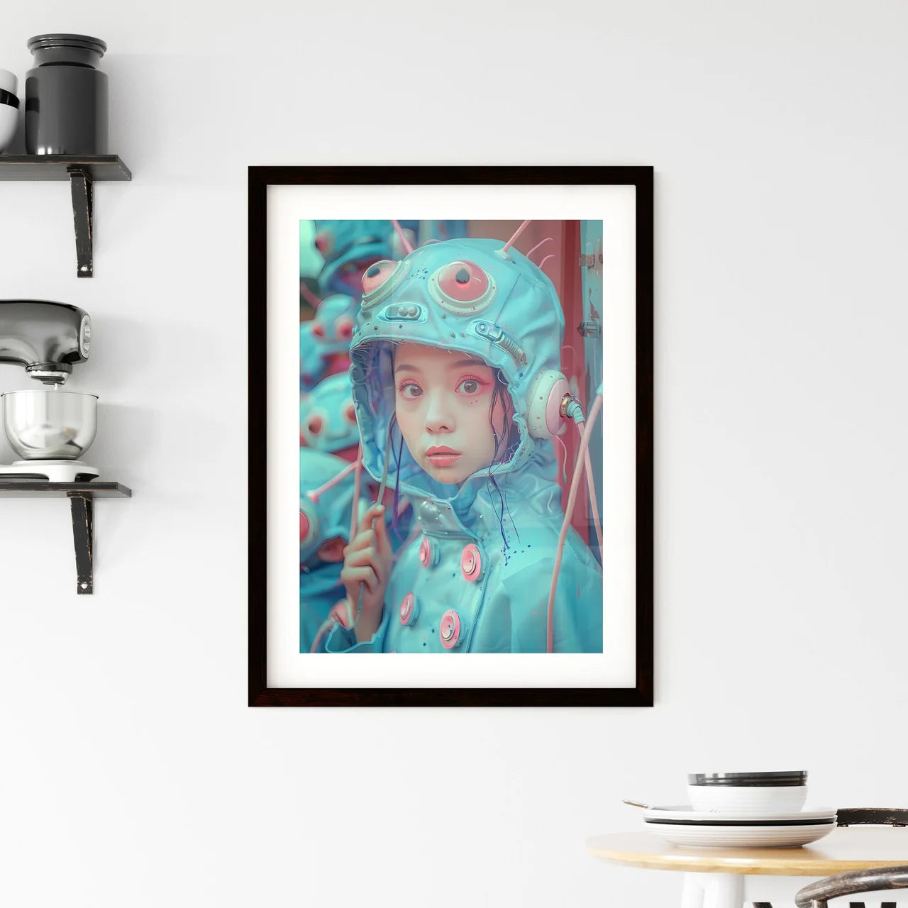 Pastel-toned retrofuturistic girl enters huge door in futuristic skyscraper Framed Print