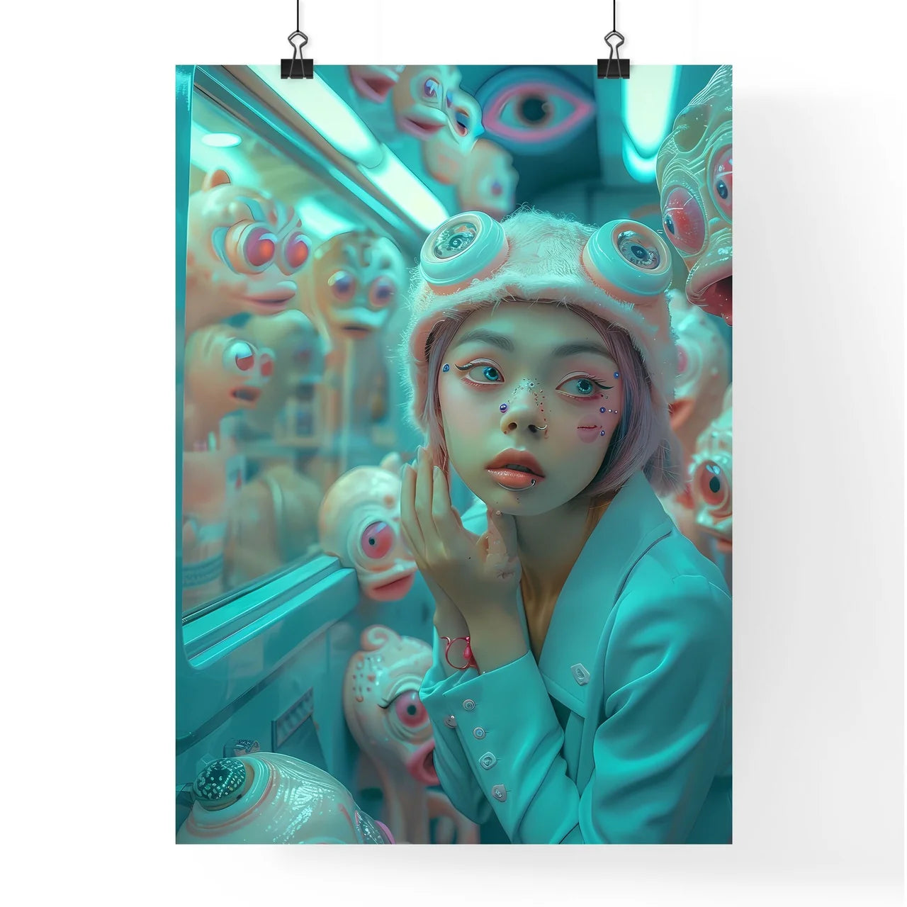 Pastel-Toned Retrofuturistic Woman Entering Doorway in Wes Anderson-Inspired Skyscraper Poster