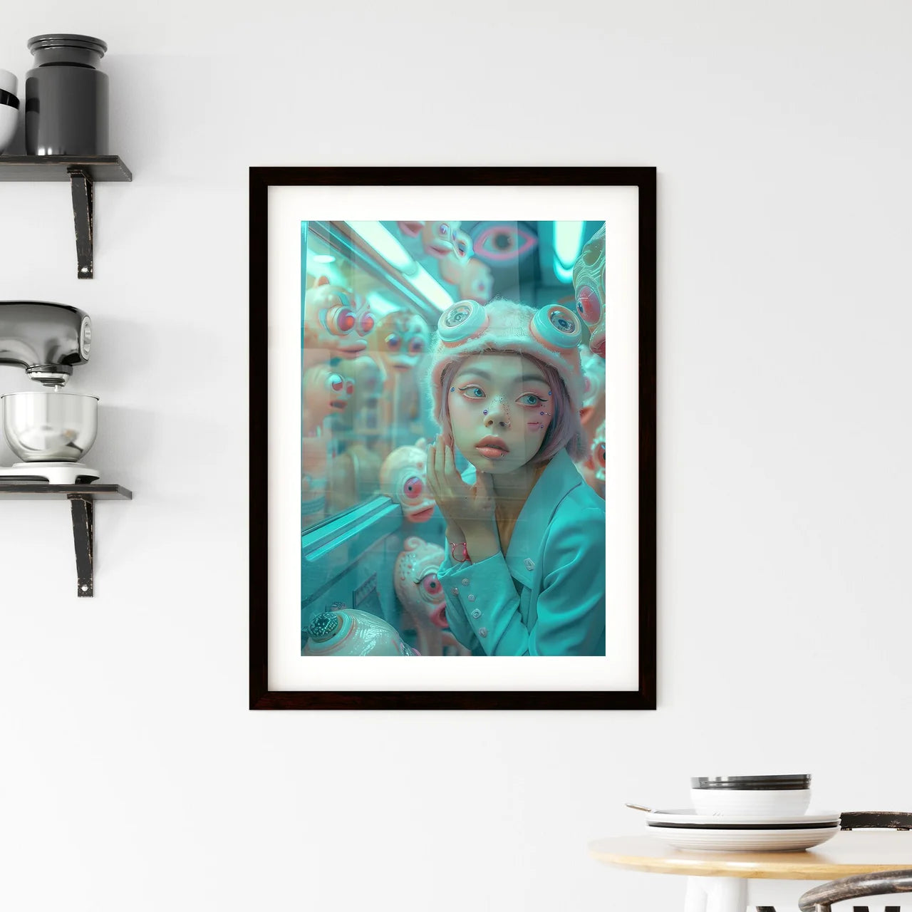 Pastel-Toned Retrofuturistic Woman Entering Doorway in Wes Anderson-Inspired Skyscraper Framed Print