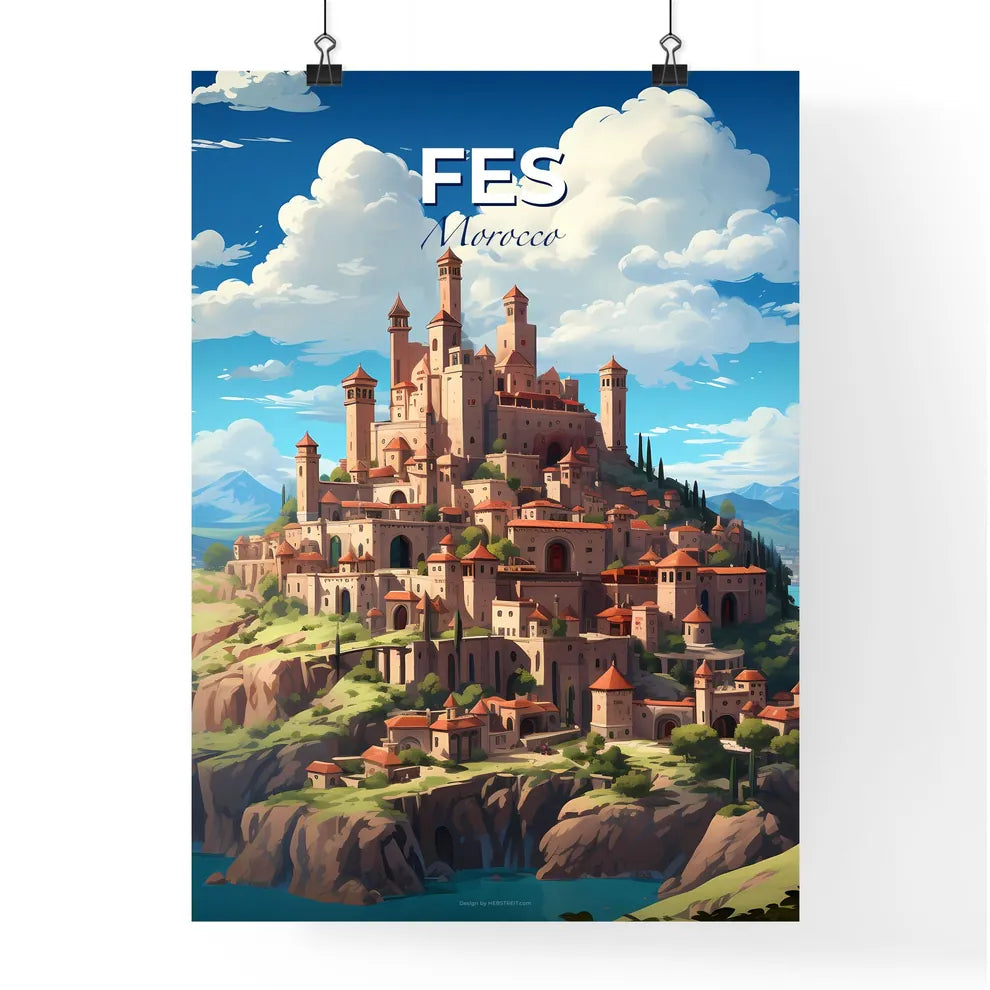 Vibrant Painting of Fes Morocco Skyline Featuring Castle on Hill Default Title