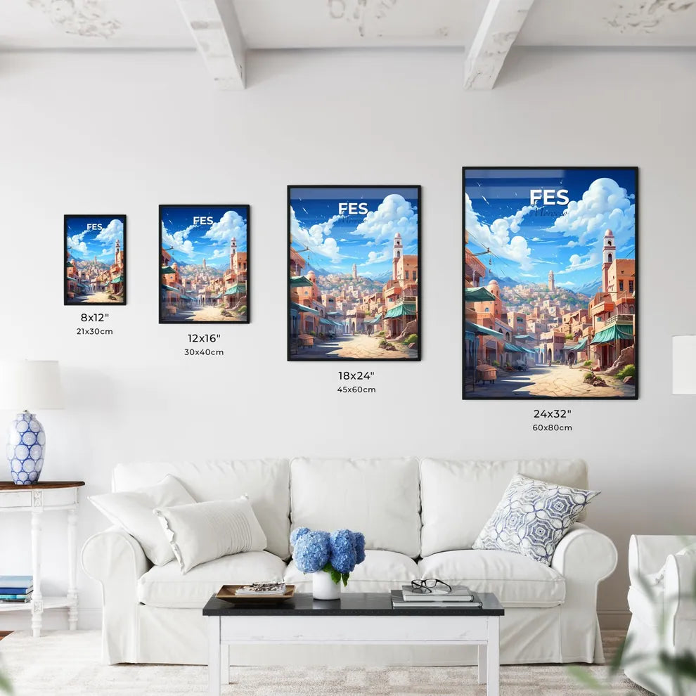 Vibrant Fes Morocco City Skyline Art Painting of Buildings and a Tower Default Title