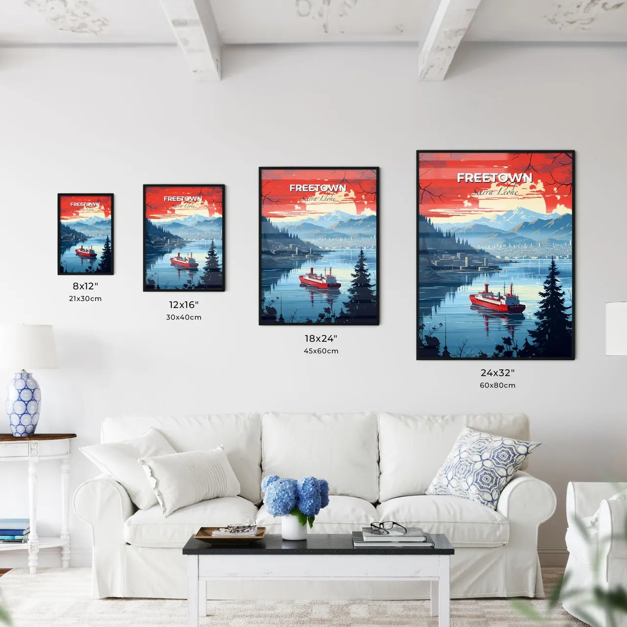 Vibrant Painting of Freetown Sierra Leone Skyline with Ship and Mountains Default Title