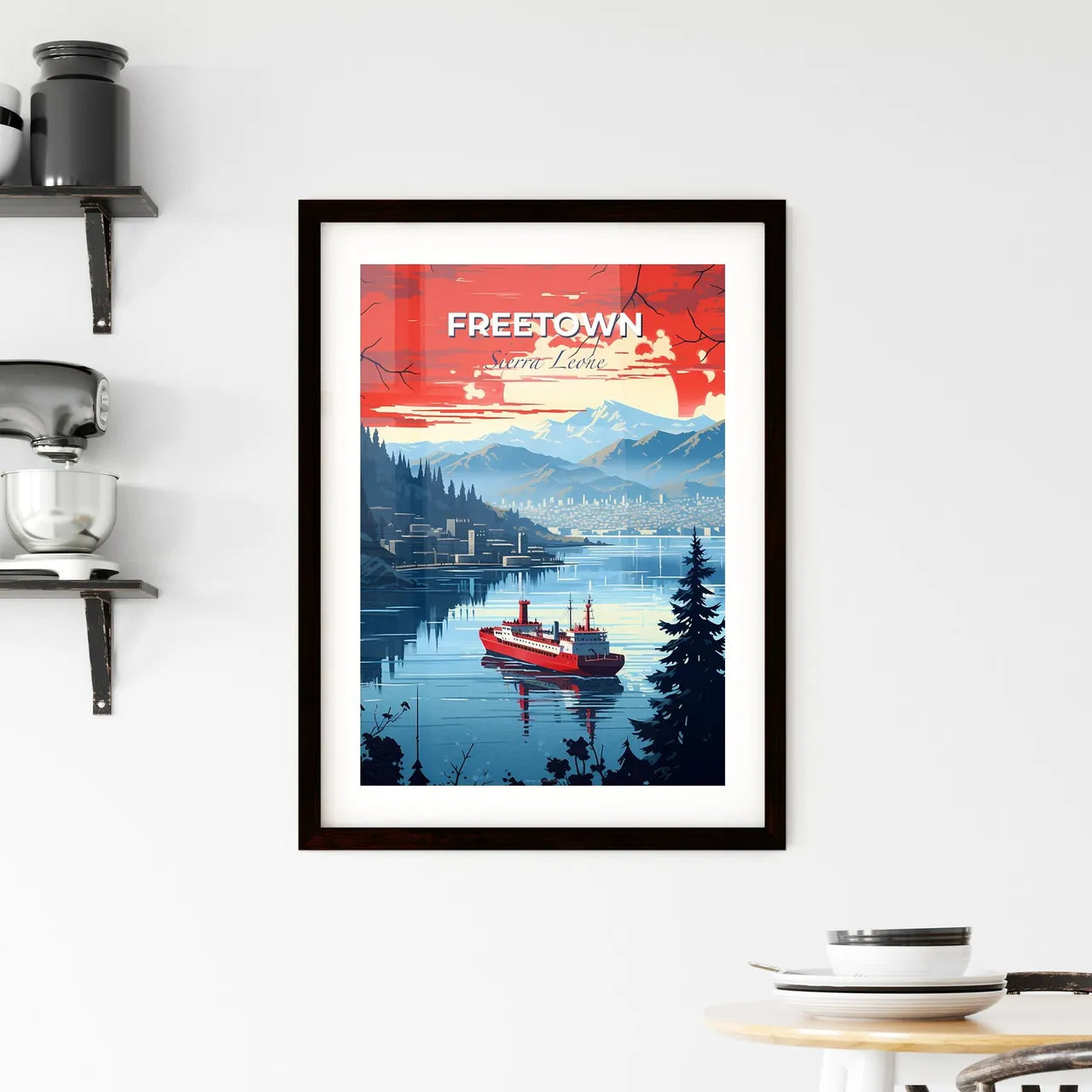 Vibrant Painting of Freetown Sierra Leone Skyline with Ship and Mountains Default Title