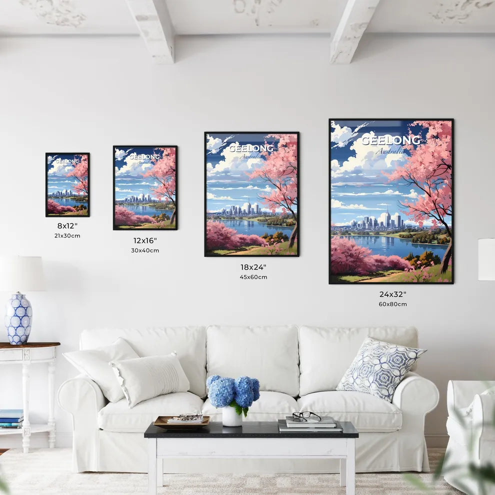 Striking Cityscape Painting of Geelong Skyline with Pink Blossoms by Water Default Title