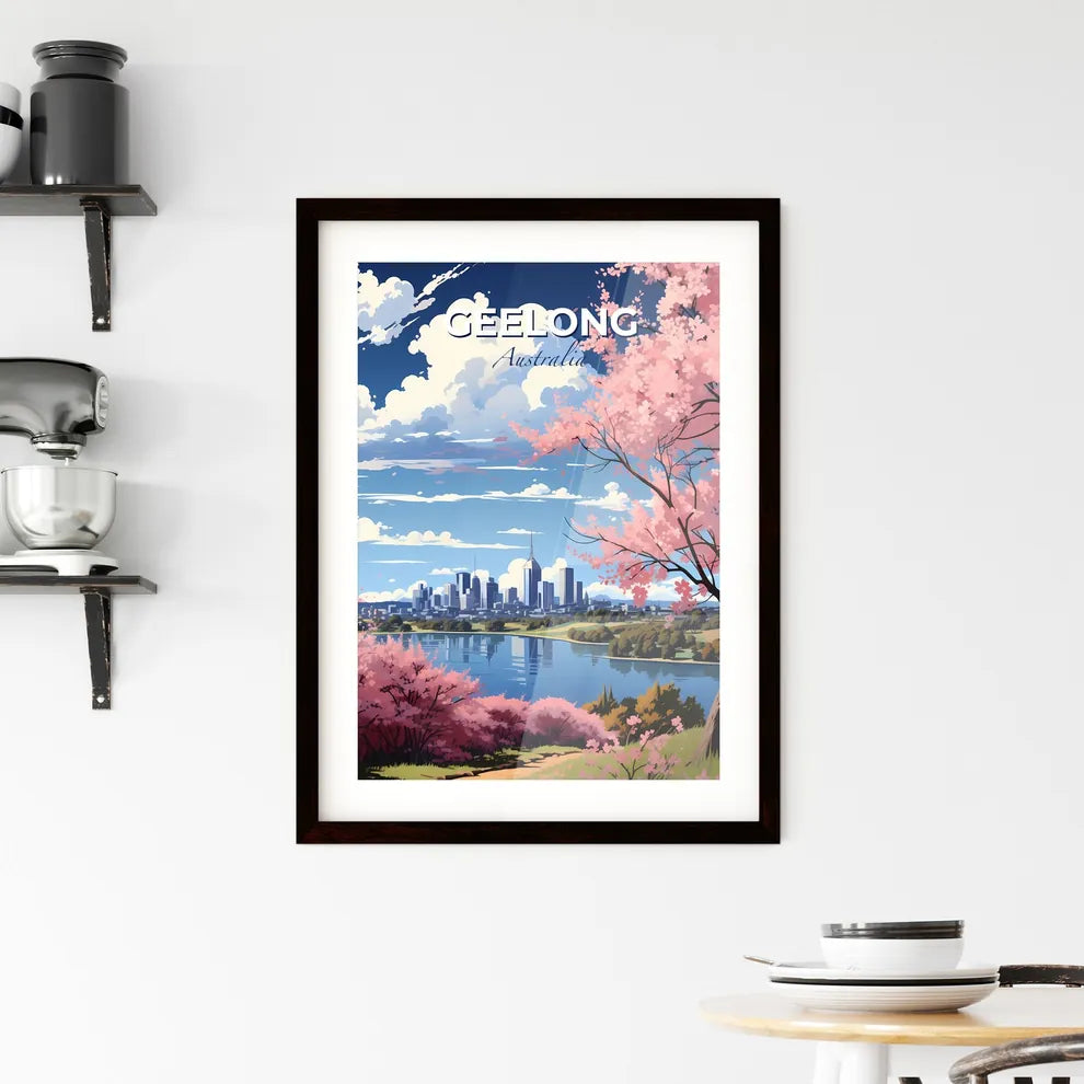 Striking Cityscape Painting of Geelong Skyline with Pink Blossoms by Water Default Title