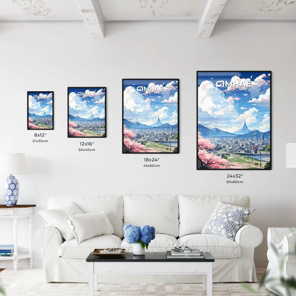 Panoramic Landscape of Gimhae City Skyline Featuring Vibrant Artistic Style, Mountains, and Greenery Default Title