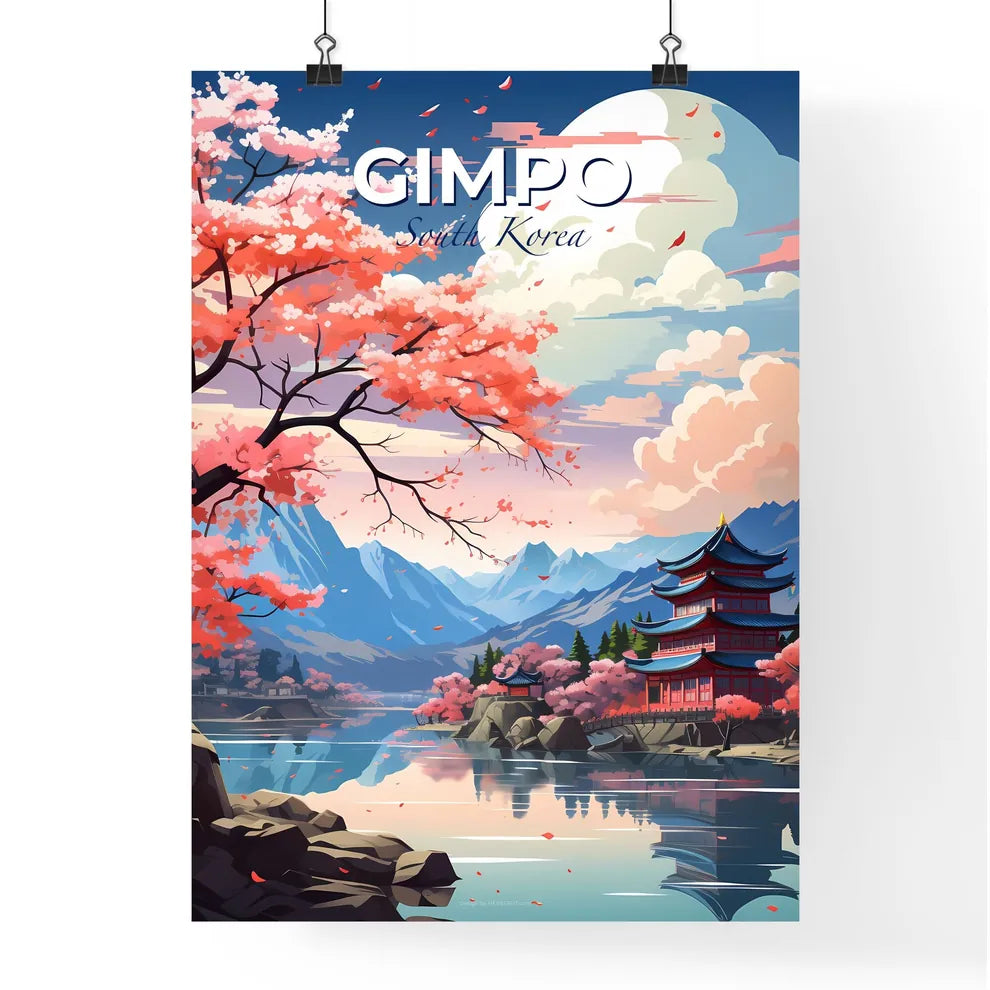 Painting of Gimpo, South Korea Skyline with Pagoda and Pink Flowers Default Title