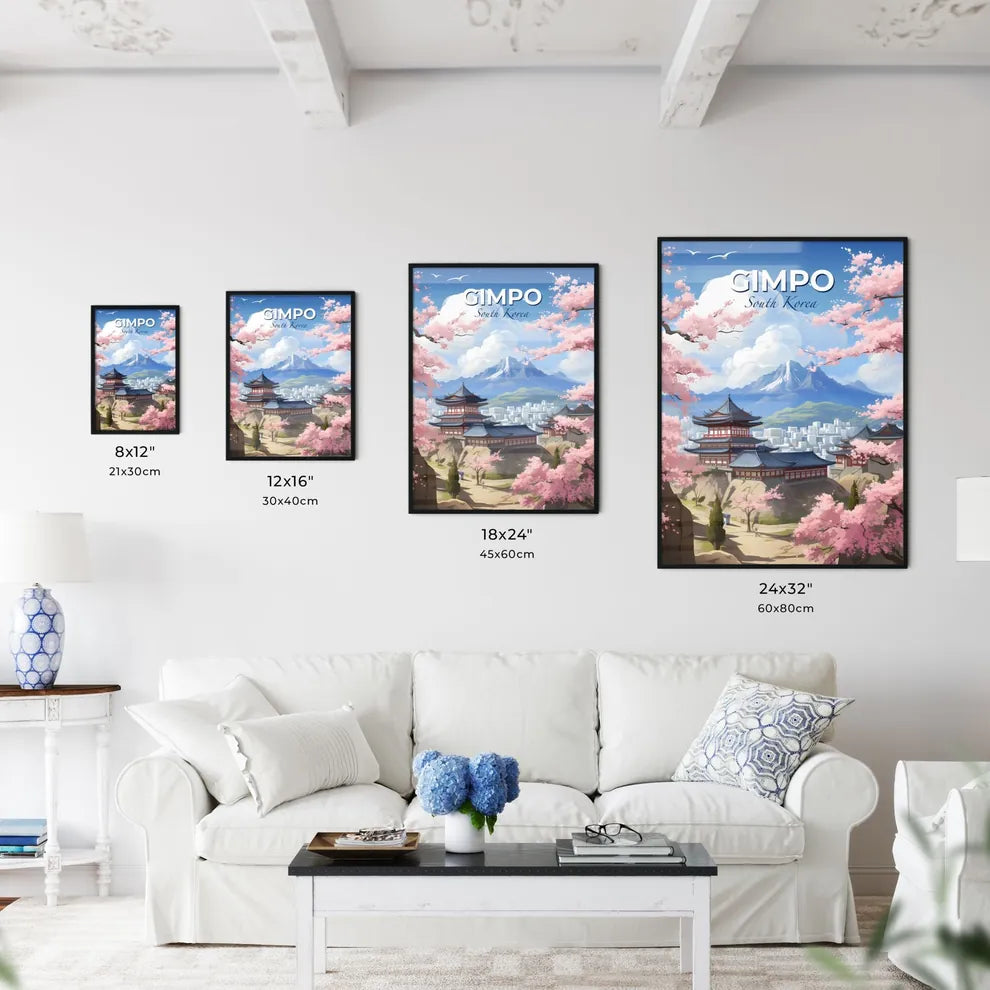 Vibrant Art Painting of Gimpo South Korea City Building with Pink Flowers Hillside Default Title