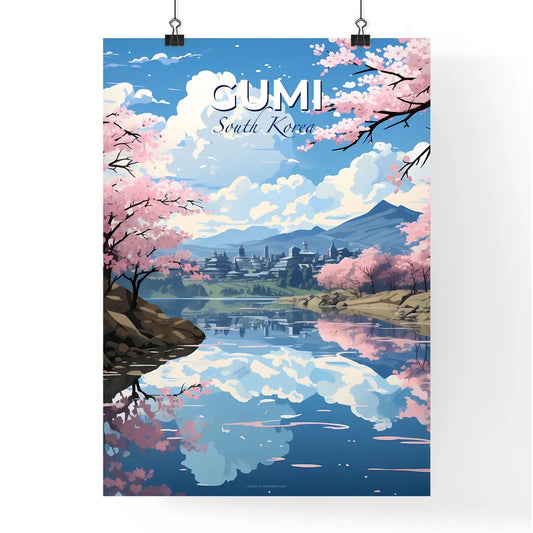 Vibrant Korean Skypaint: Pink Trees by Riverside with Mountains Default Title