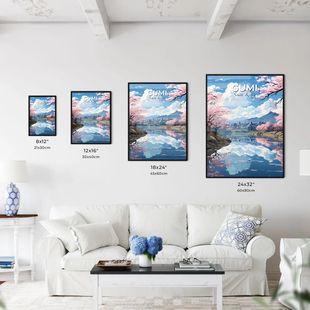 Vibrant Korean Skypaint: Pink Trees by Riverside with Mountains Default Title