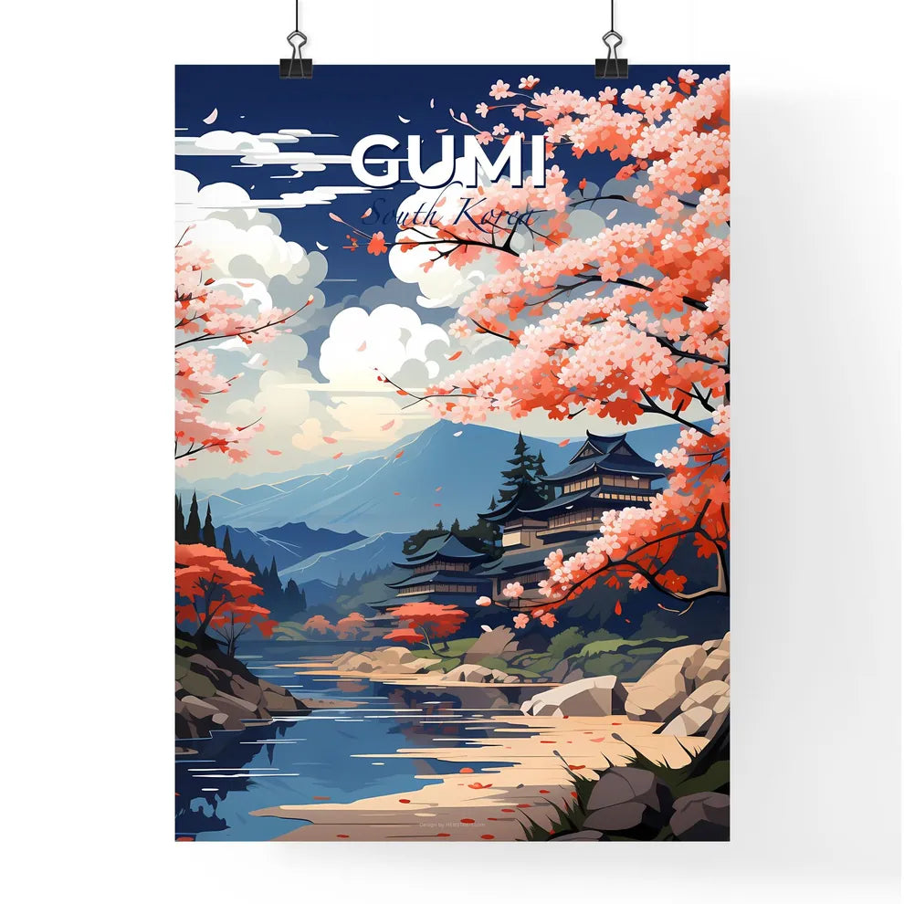 South Korea Gumi Skyline Pink Cherry Blossoms River Cityscape Art Default Title