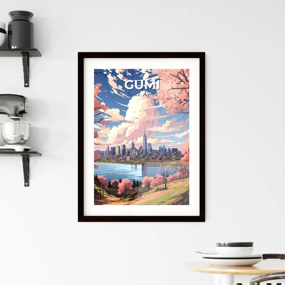 Vibrant Artistic South Korea Skyline with Blossom Trees and Tranquil River Default Title