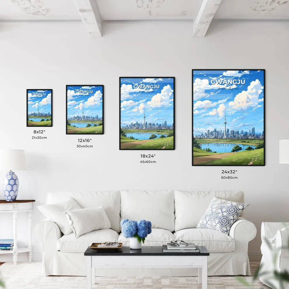 Gwangju Cityscape Artwork: Vibrant Painted Cityscape with Tower and Lake Default Title