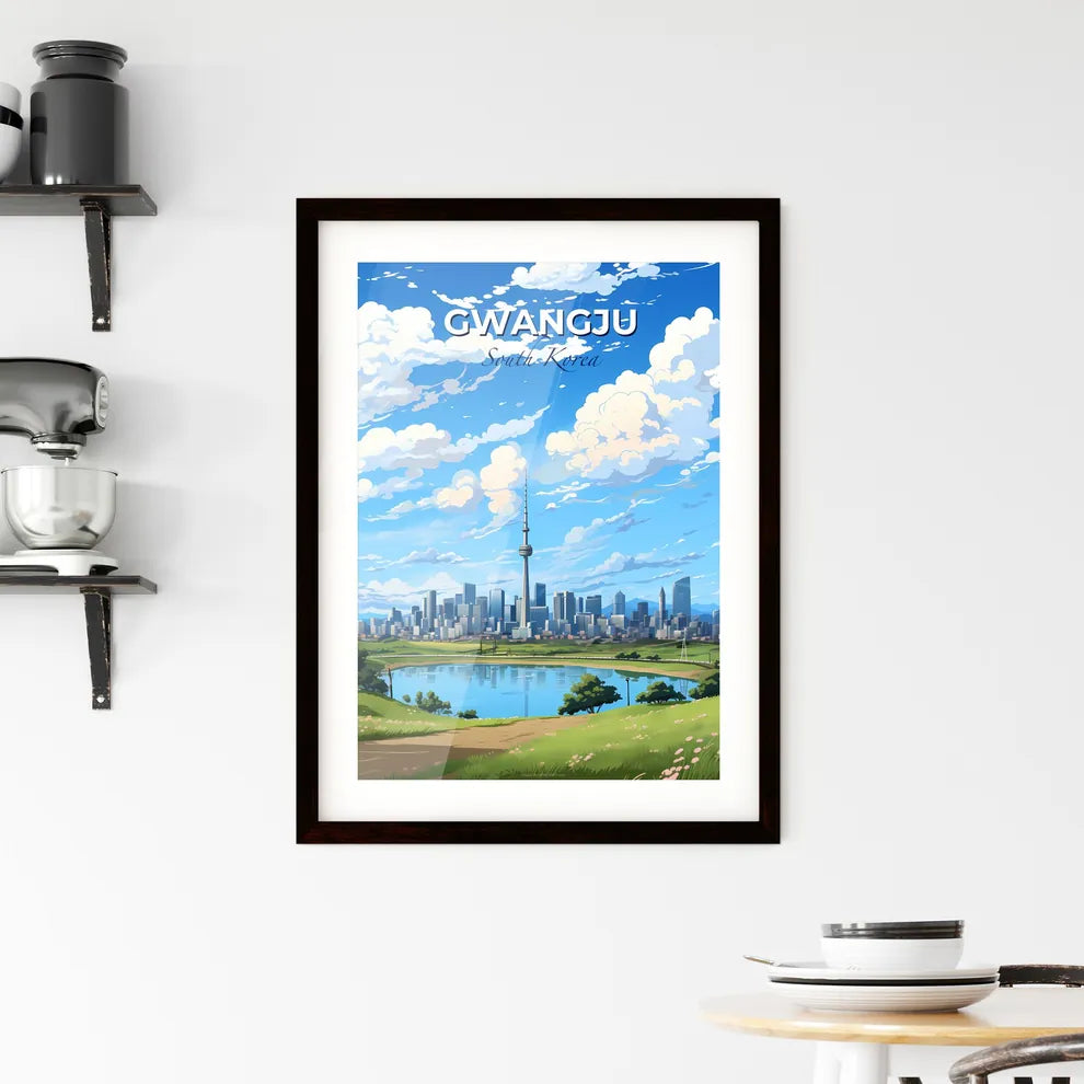 Gwangju Cityscape Artwork: Vibrant Painted Cityscape with Tower and Lake Default Title
