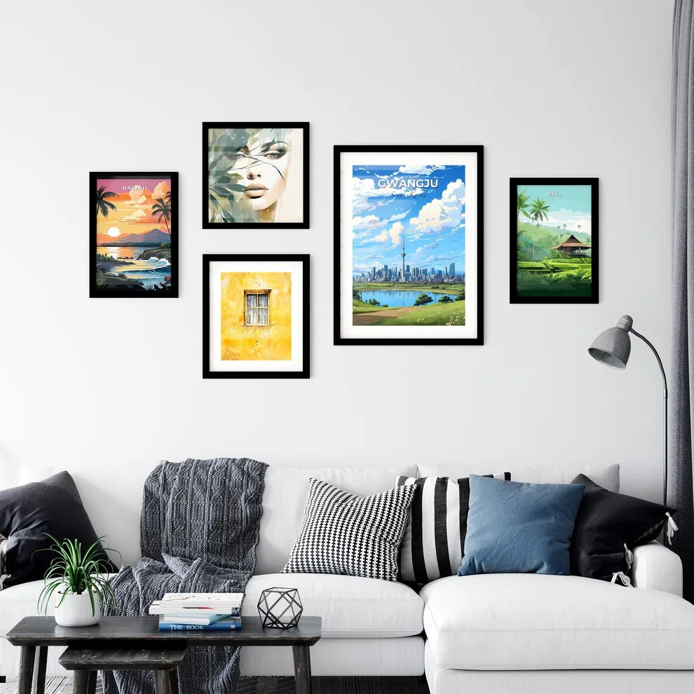 Gwangju Cityscape Artwork: Vibrant Painted Cityscape with Tower and Lake Default Title