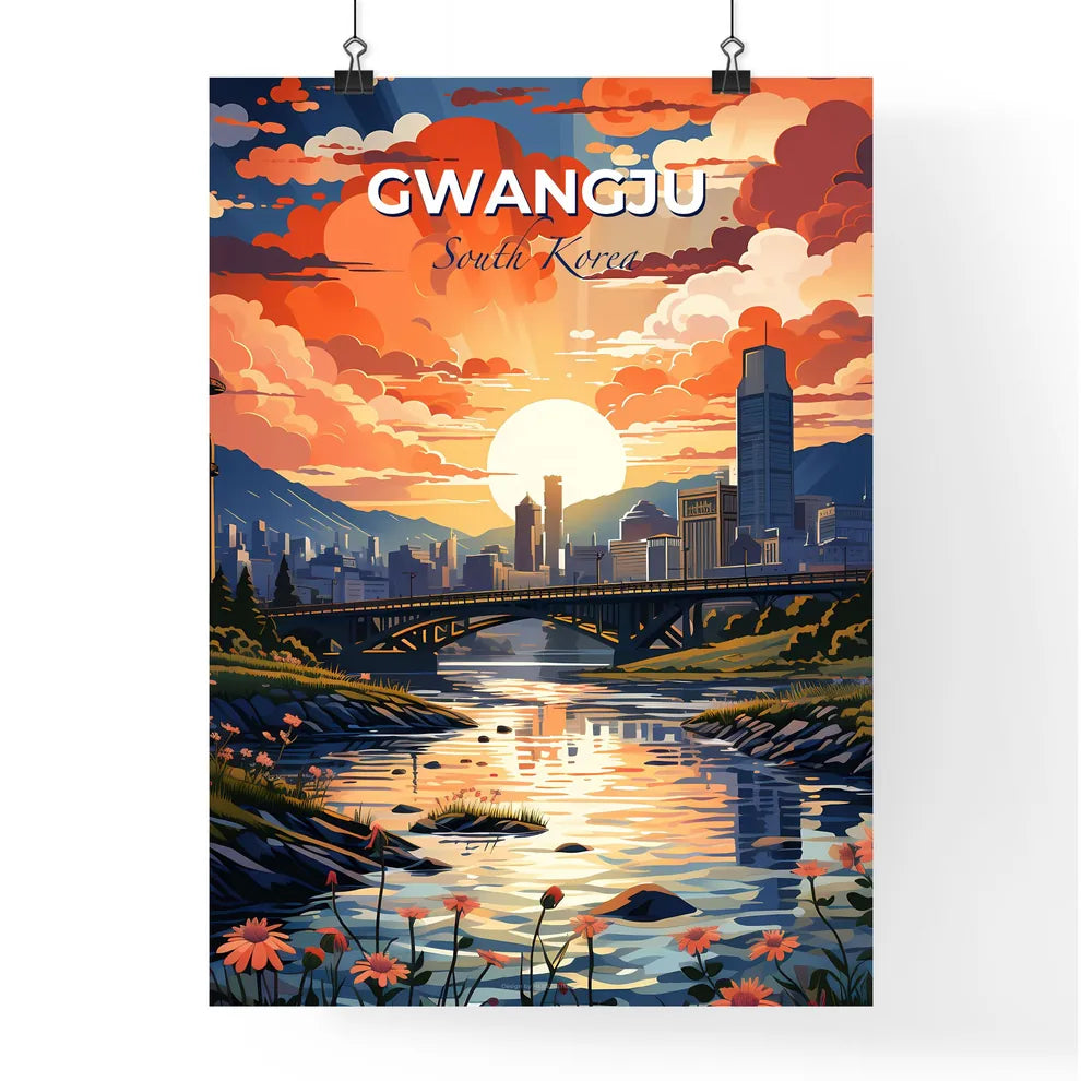 Gwangju South Korea Cityscape Artwork River Bridge Urban Skyline Painting Vibrant Art Default Title