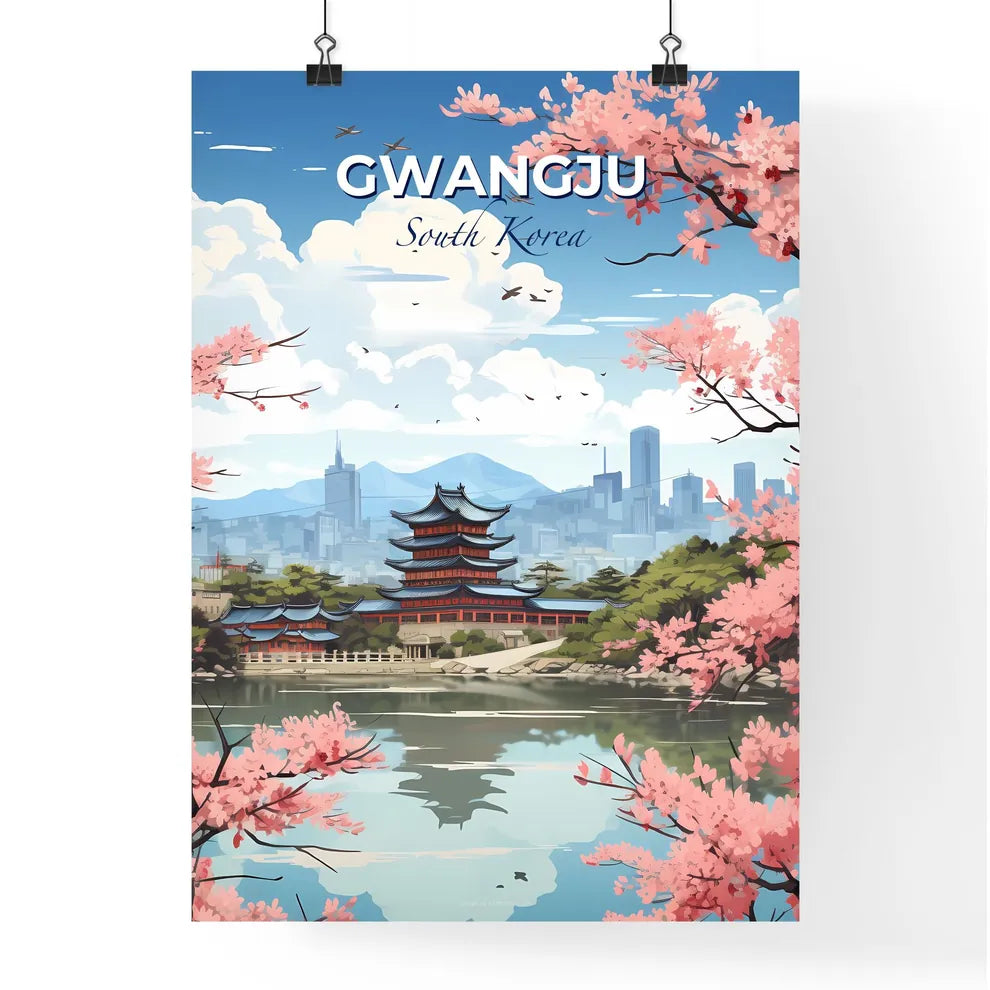 South Korean Cityscape Pink Flowers Modern Art Gwangju Lake Skyline Painting Default Title