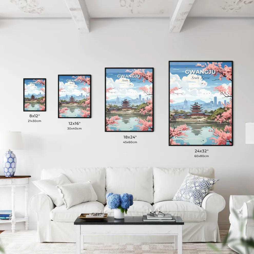 South Korean Cityscape Pink Flowers Modern Art Gwangju Lake Skyline Painting Default Title