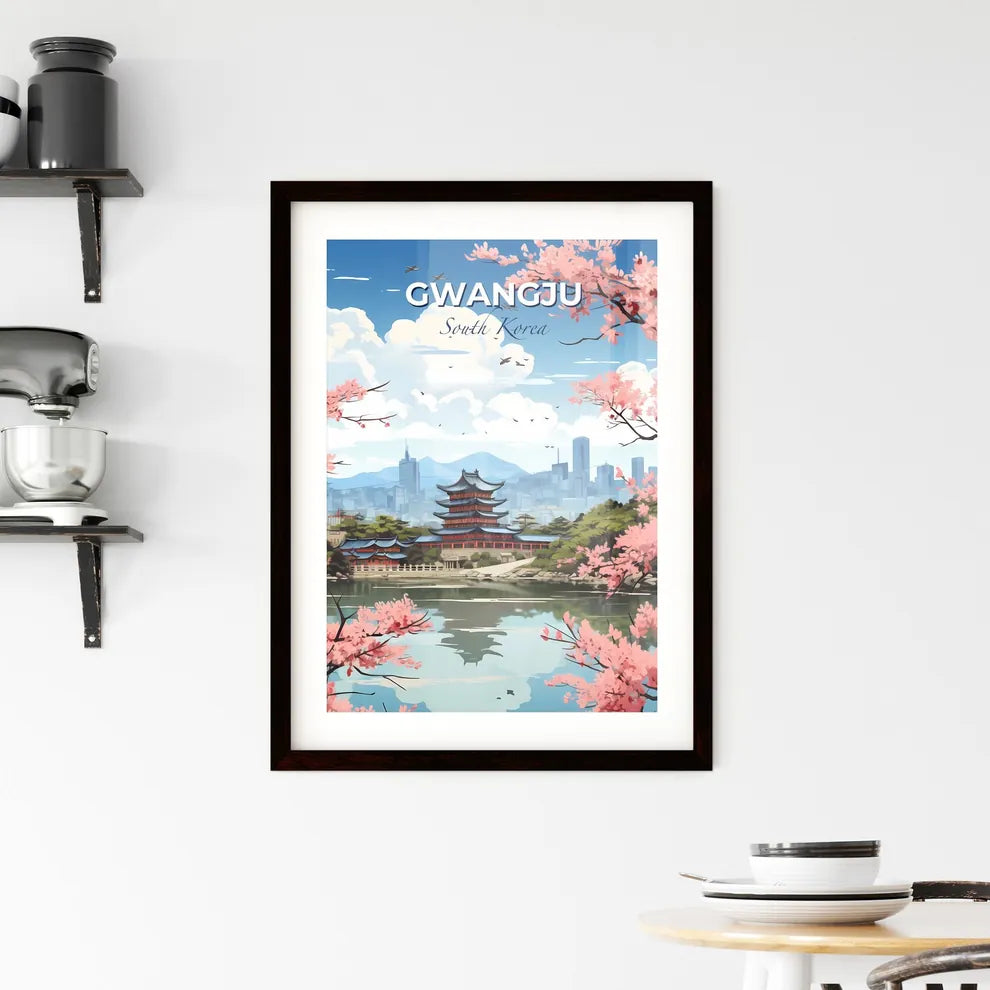 South Korean Cityscape Pink Flowers Modern Art Gwangju Lake Skyline Painting Default Title