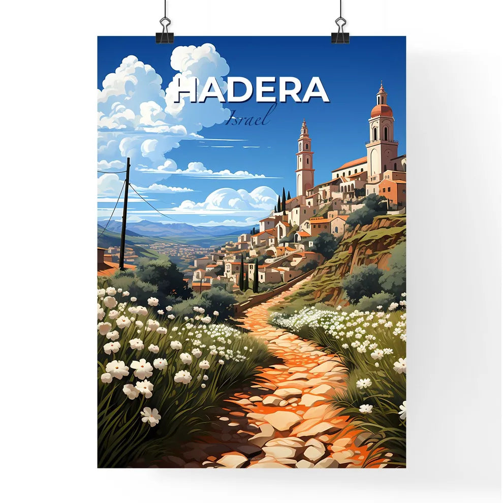 Abstract Hadera Skyline Vibrant Watercolor Art Town Road Panorama Painting Default Title