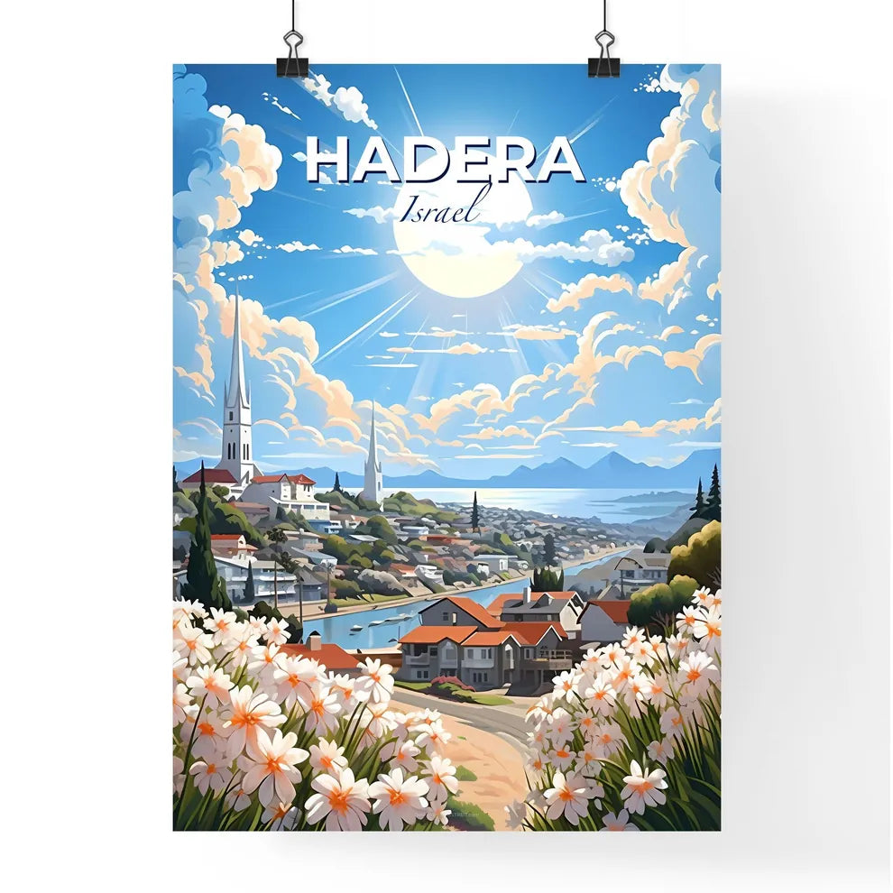Vibrant Art Landscape of Hadera Skyline with Flowers and River Default Title