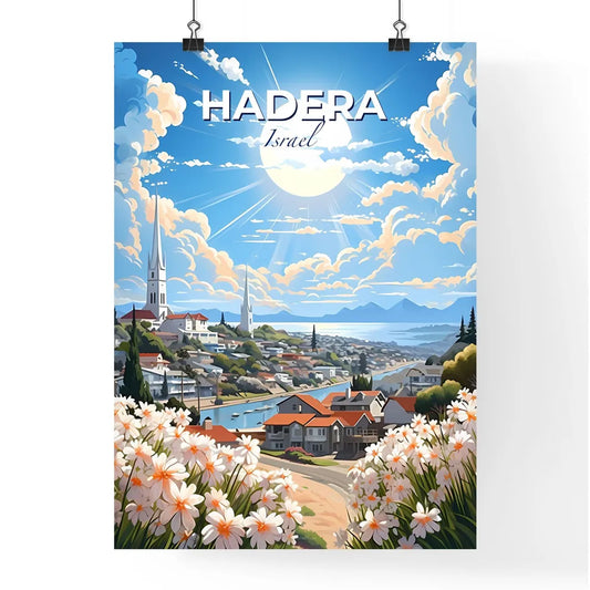 Vibrant Art Landscape of Hadera Skyline with Flowers and River Default Title