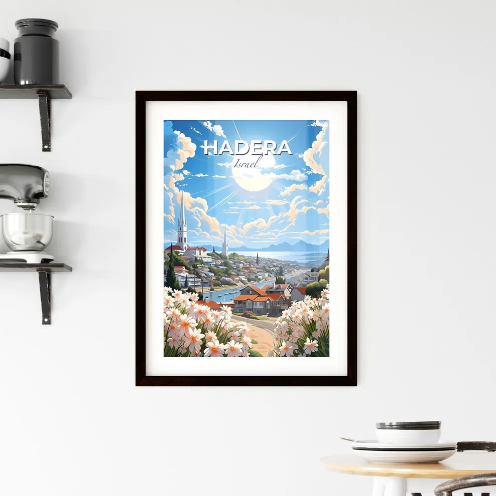 Vibrant Art Landscape of Hadera Skyline with Flowers and River Default Title