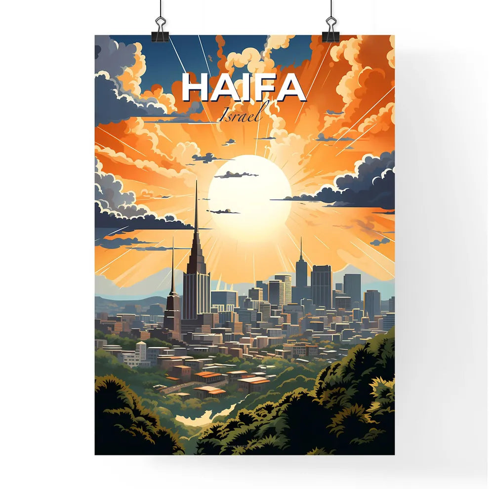 Vibrant cityscape painting of Haifa, Israel featuring trees, buildings, and vibrant colors Default Title